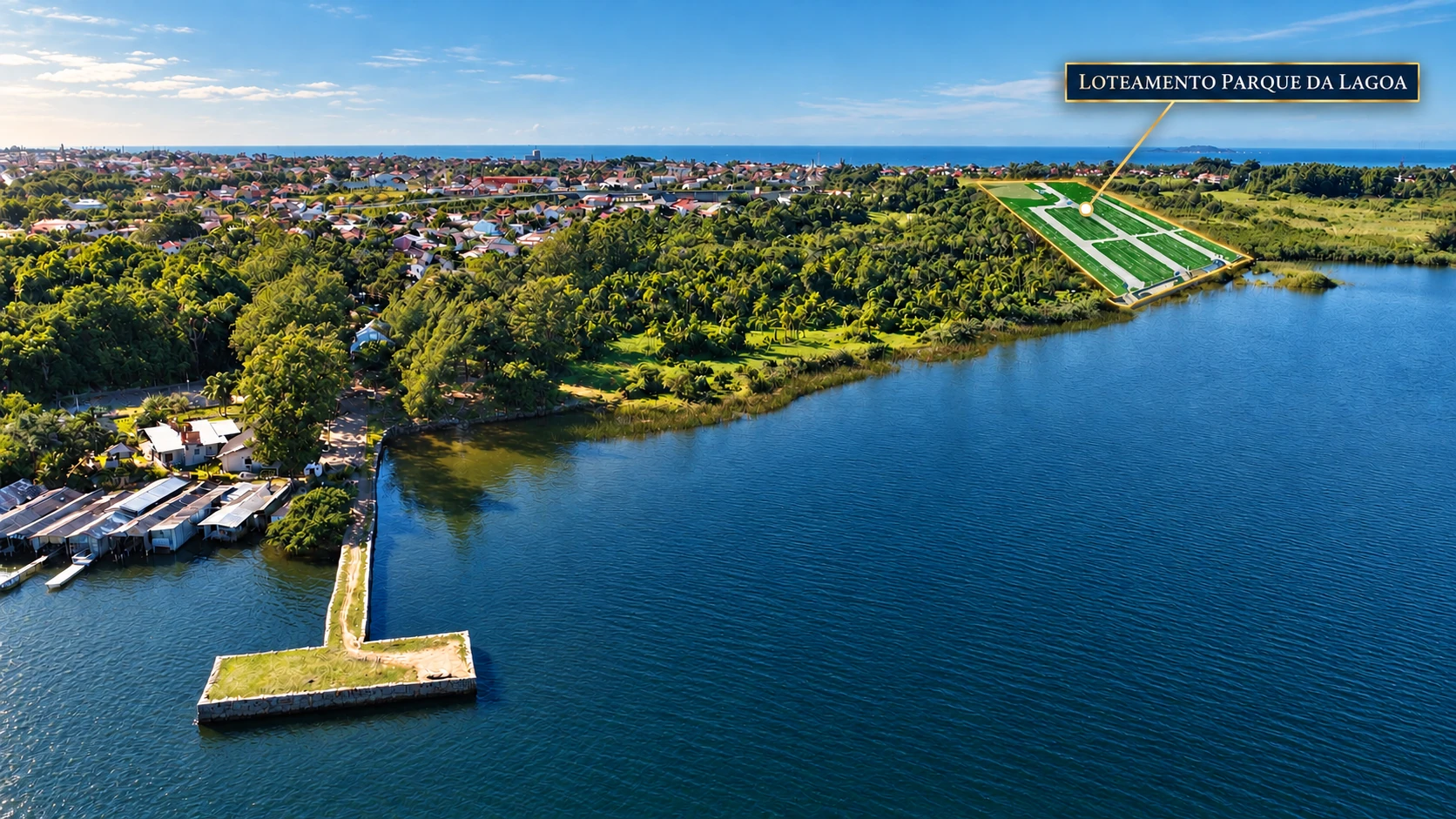 Vista aérea da Lagoa Mirim com representação da área do Loteamento Parque da Lagoa assinalada em dourado